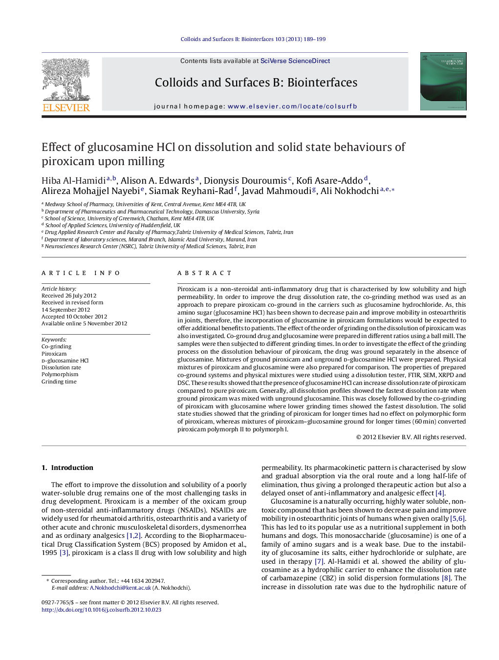 Effect of glucosamine HCl on dissolution and solid state behaviours of piroxicam upon milling