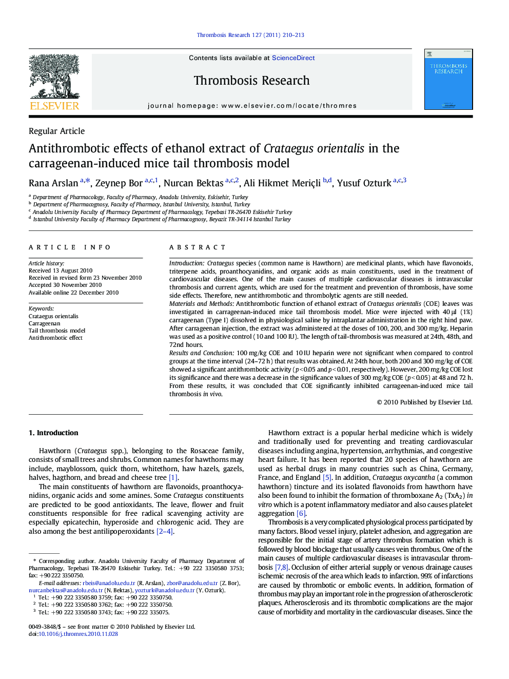 Antithrombotic effects of ethanol extract of Crataegus orientalis in the carrageenan-induced mice tail thrombosis model