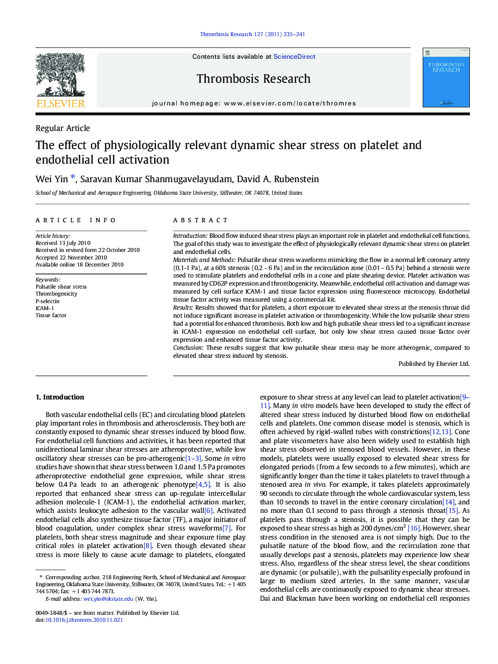 The effect of physiologically relevant dynamic shear stress on platelet and endothelial cell activation