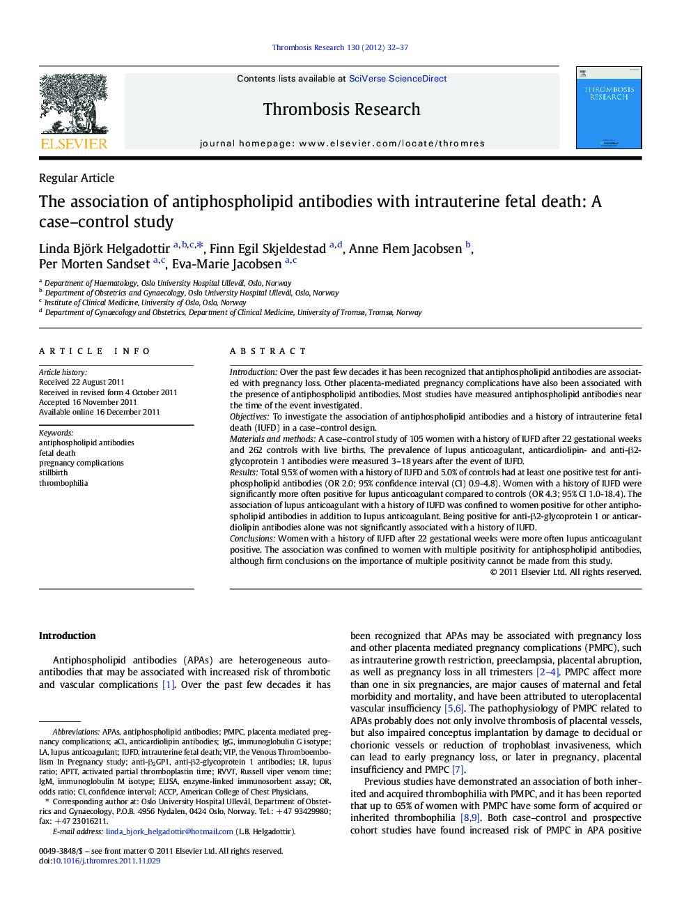 The association of antiphospholipid antibodies with intrauterine fetal death: A case-control study