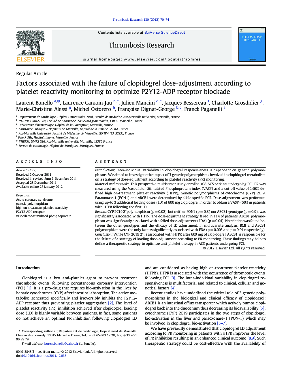 Factors associated with the failure of clopidogrel dose-adjustment according to platelet reactivity monitoring to optimize P2Y12-ADP receptor blockade