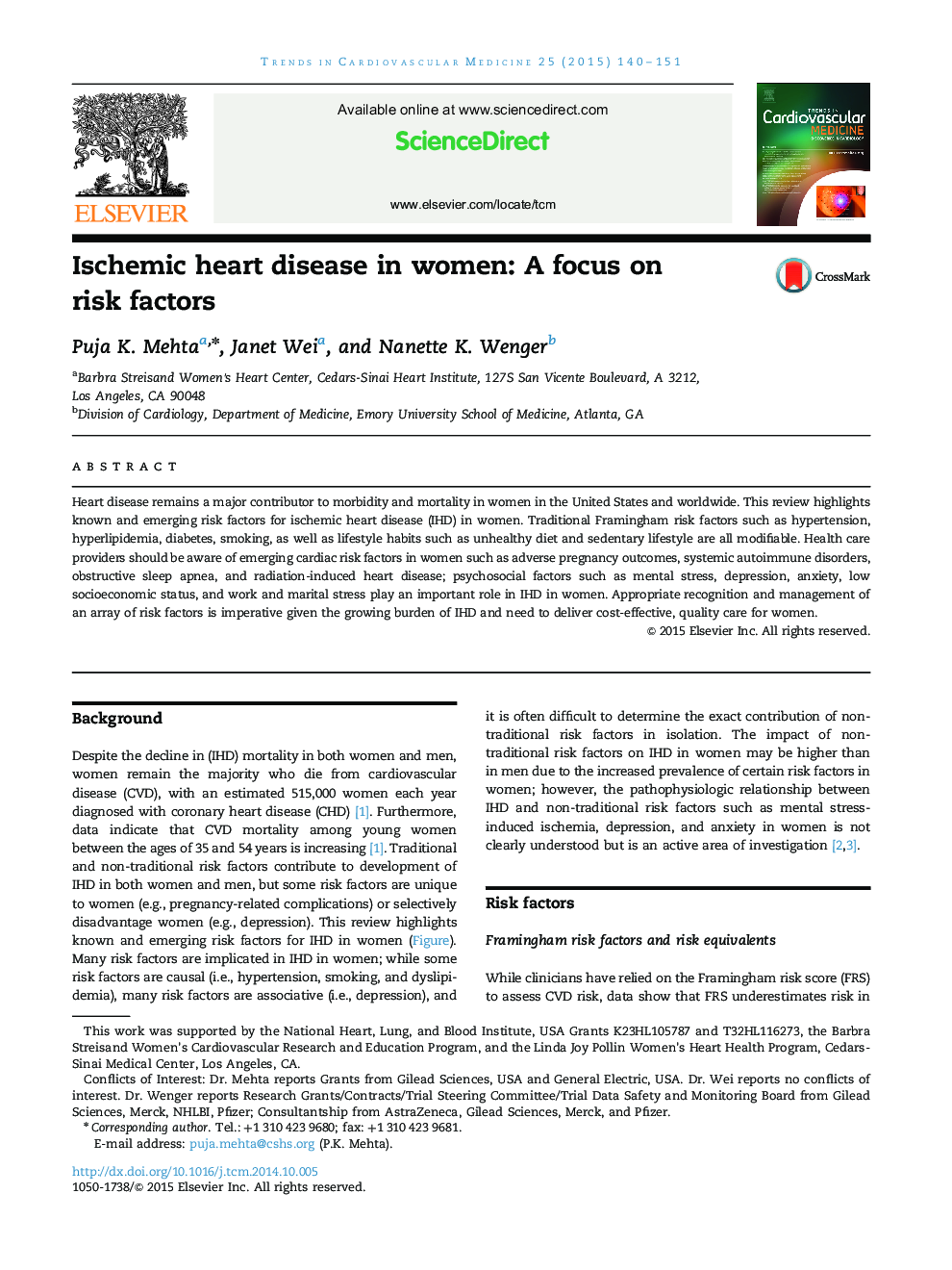 Ischemic heart disease in women: A focus on risk factors