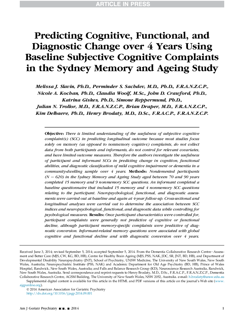پیش بینی تغییرات شناختی، عملکردی و تشخیصی در طی 4 سال با استفاده از شکایت های شناختی ذهنی پایه در آمریکا، حافظه سیدنی و مطالعه پیری 