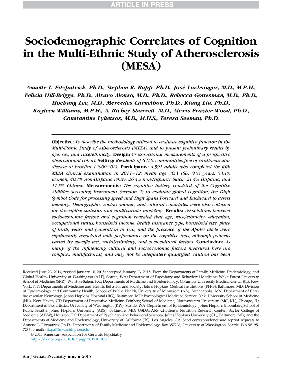 Sociodemographic Correlates of Cognition in the Multi-Ethnic Study of Atherosclerosis (MESA)