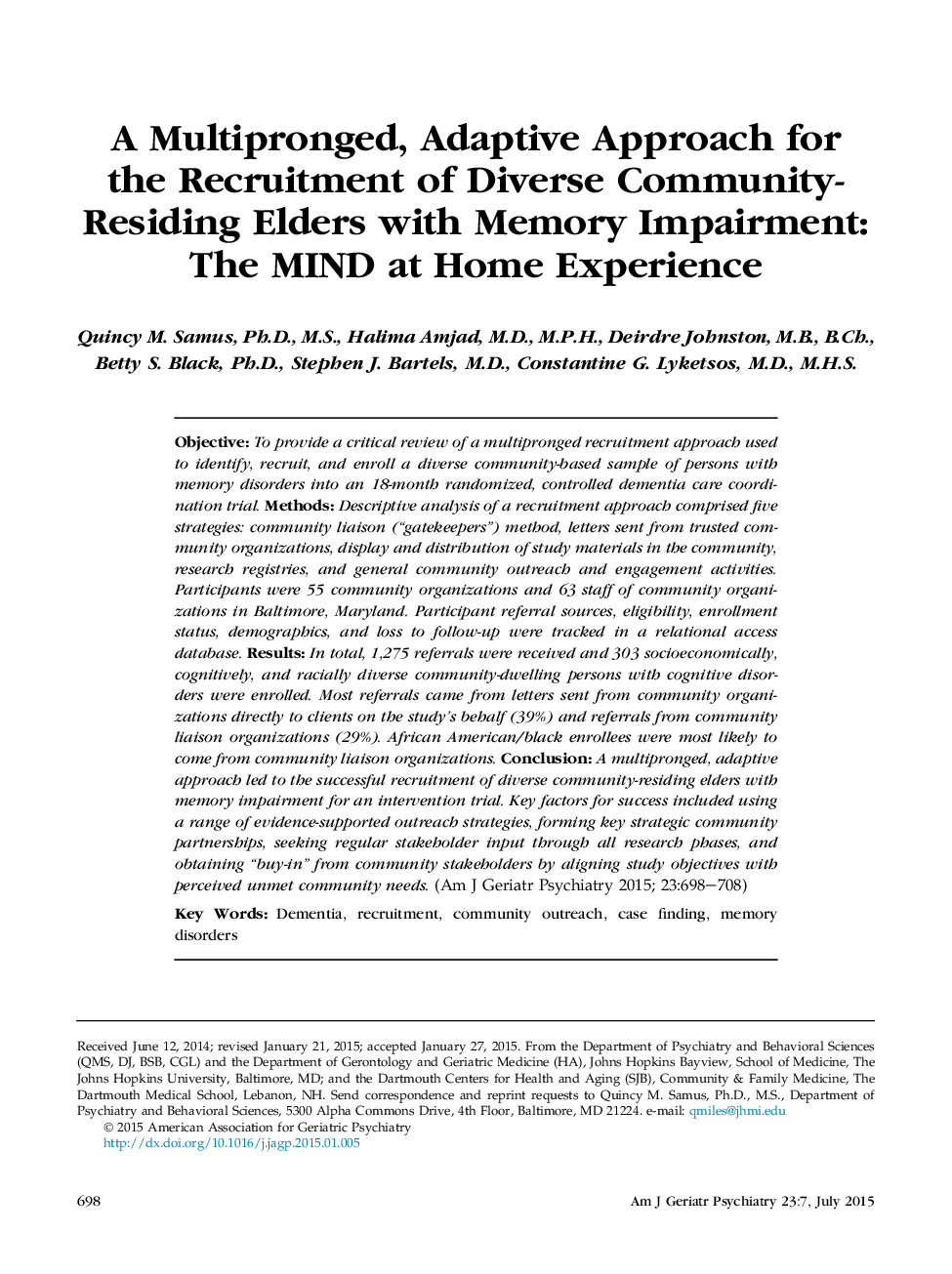 A Multipronged, Adaptive Approach for theÂ Recruitment of Diverse Community-Residing Elders with Memory Impairment: The MIND at Home Experience