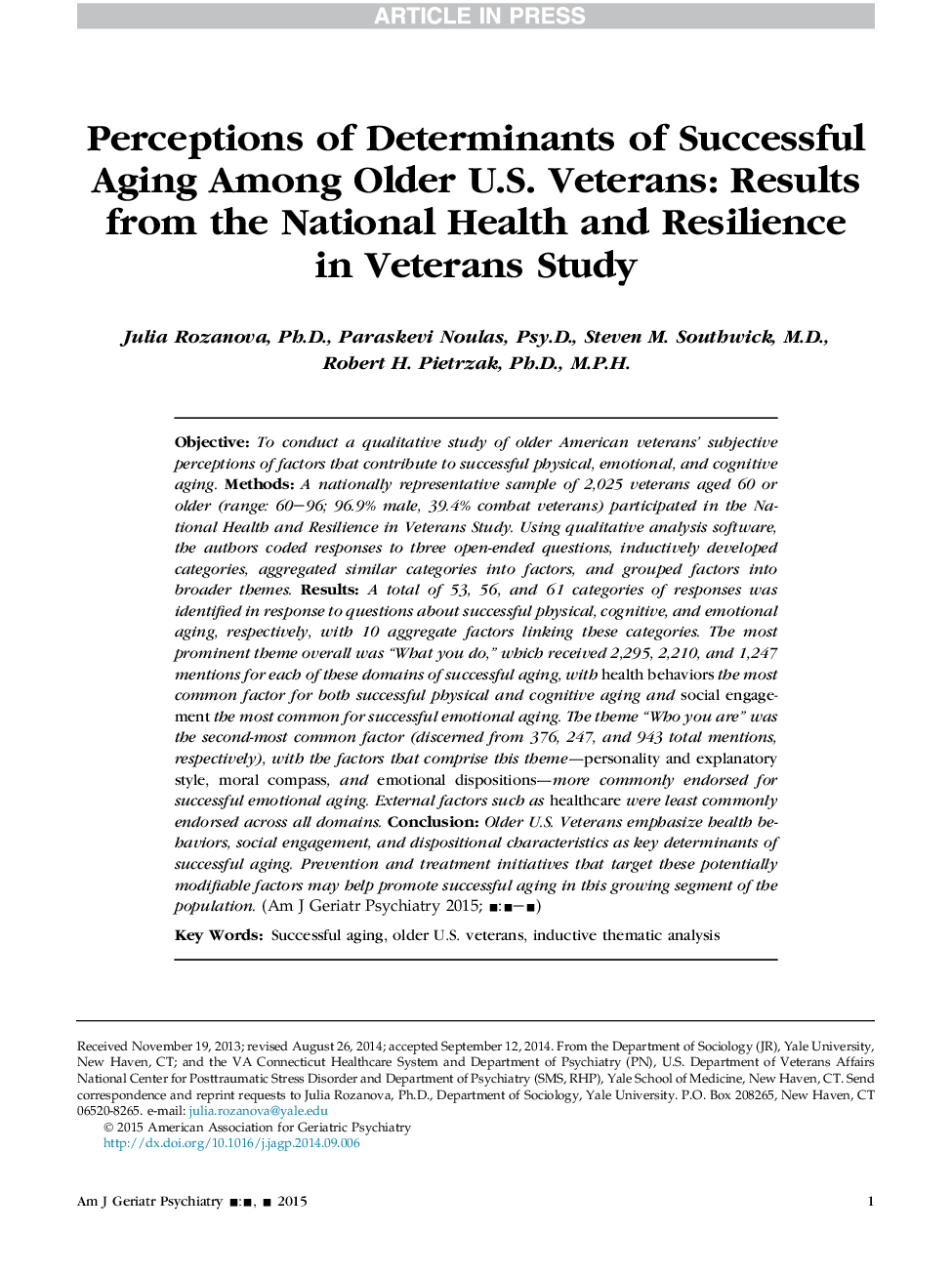 Perceptions of Determinants of Successful Aging Among Older U.S. Veterans: Results from the National Health and Resilience inÂ Veterans Study