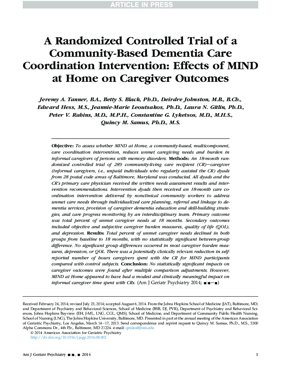 A Randomized Controlled Trial of a Community-Based Dementia Care Coordination Intervention: Effects of MIND at Home on Caregiver Outcomes