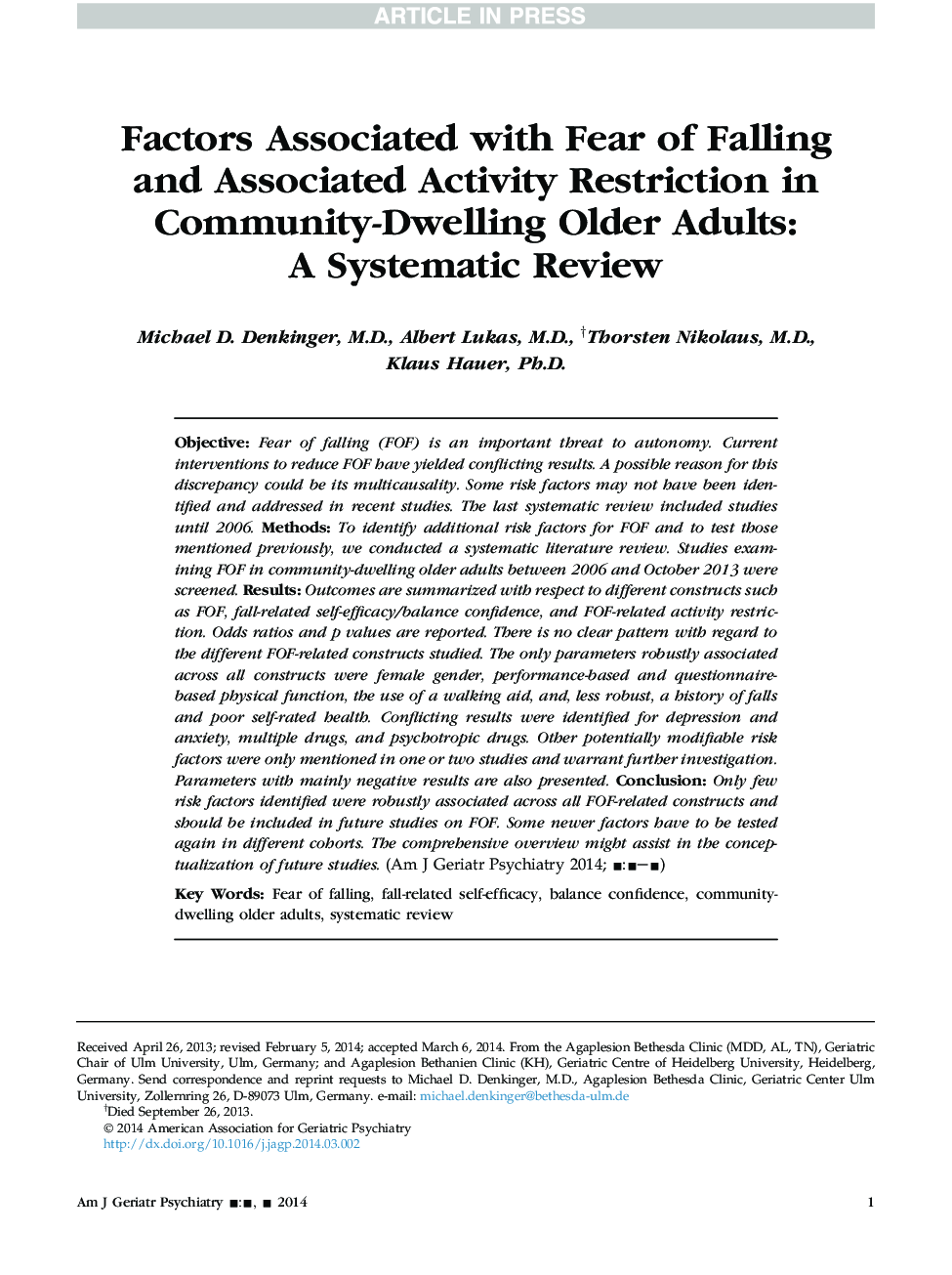 Factors Associated with Fear of Falling andÂ Associated Activity Restriction in Community-Dwelling Older Adults: AÂ Systematic Review