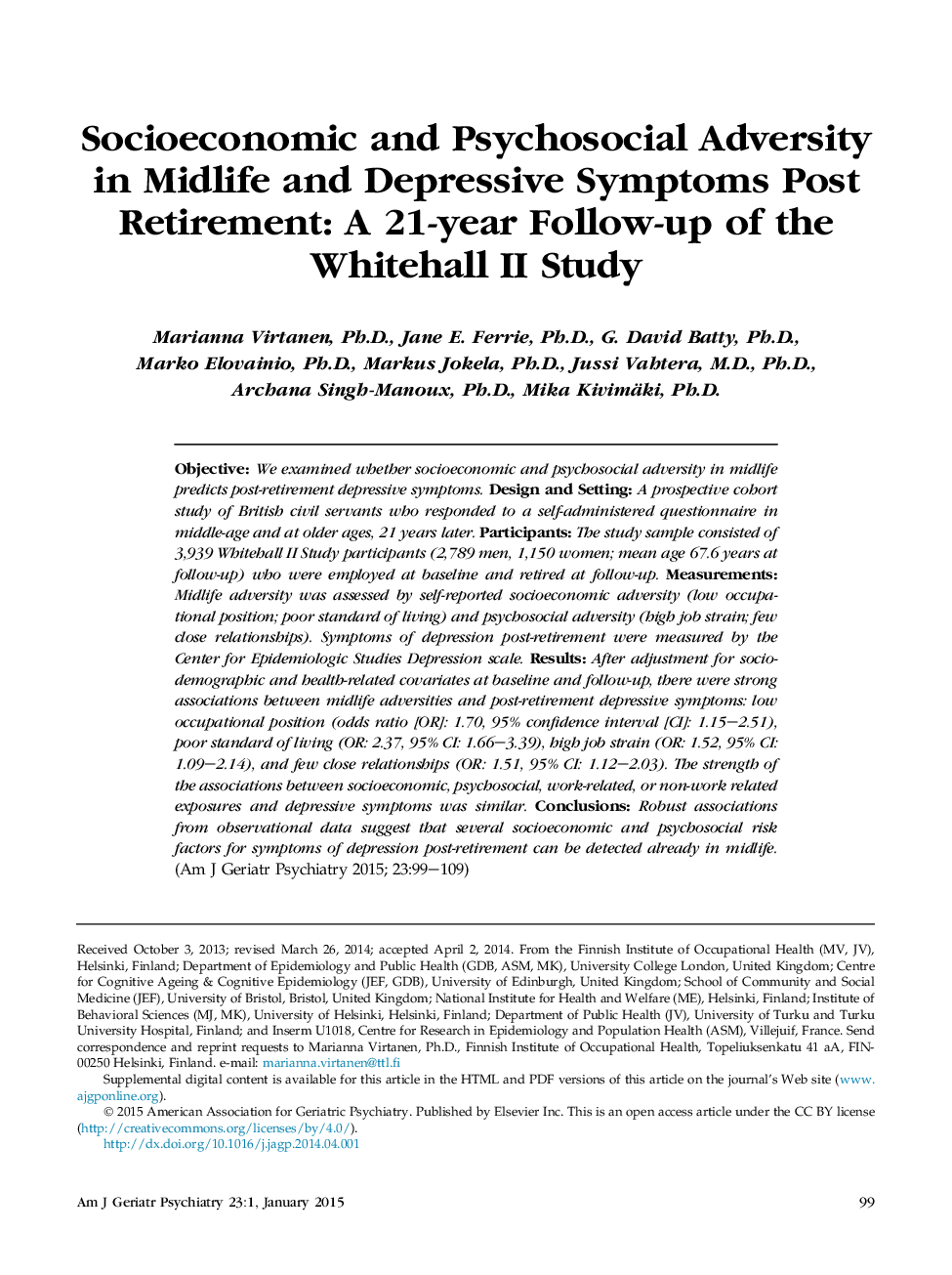 Socioeconomic and Psychosocial Adversity in Midlife and Depressive Symptoms Post Retirement: A 21-year Follow-up of the Whitehall II Study