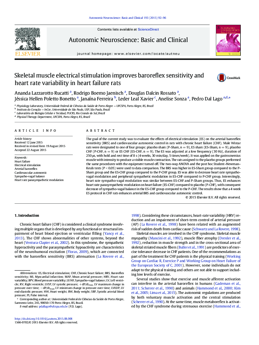 Skeletal muscle electrical stimulation improves baroreflex sensitivity and heart rate variability in heart failure rats