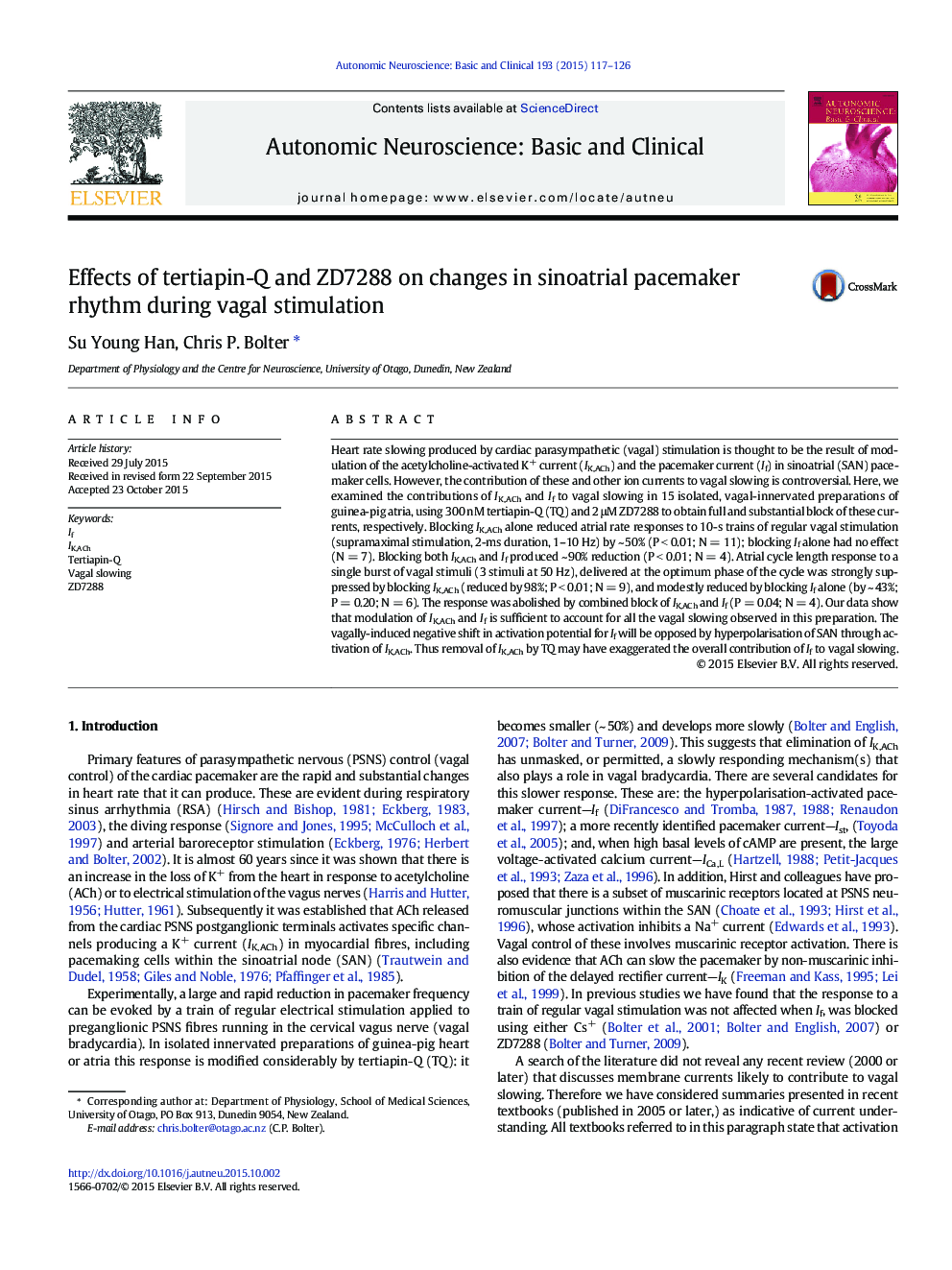 Effects of tertiapin-Q and ZD7288 on changes in sinoatrial pacemaker rhythm during vagal stimulation