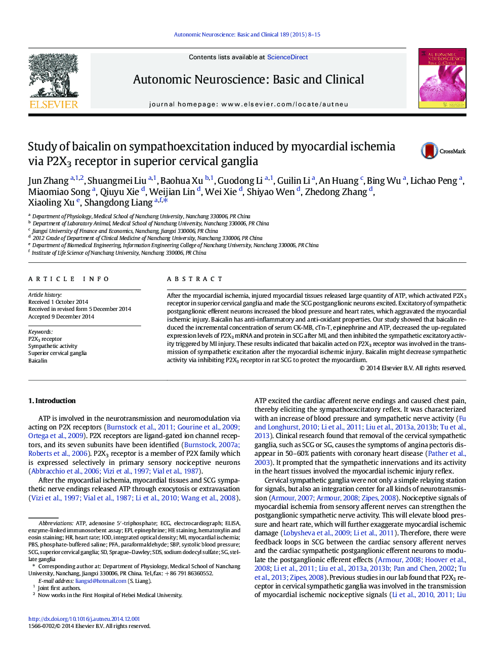 Study of baicalin on sympathoexcitation induced by myocardial ischemia via P2X3 receptor in superior cervical ganglia