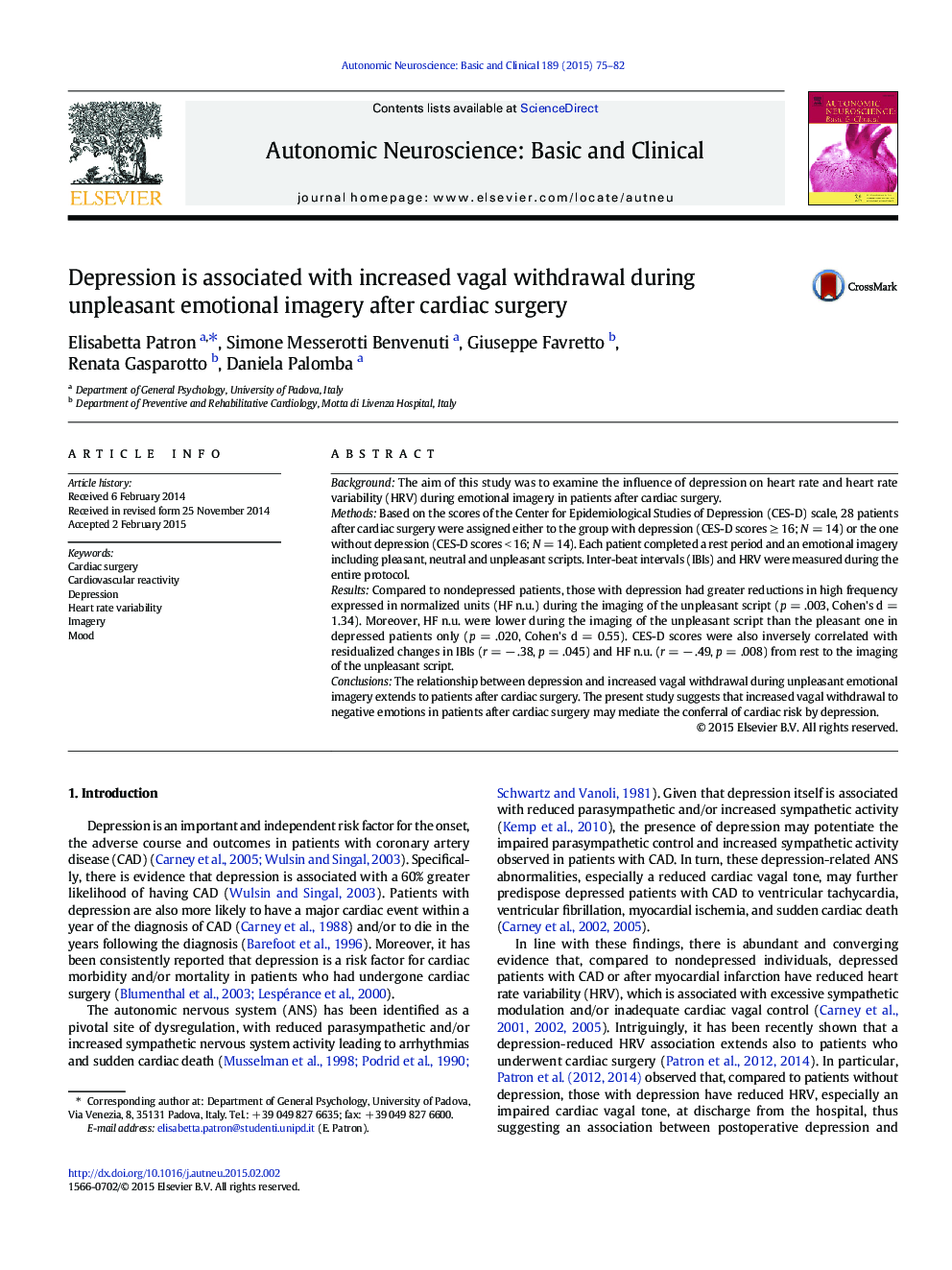 Depression is associated with increased vagal withdrawal during unpleasant emotional imagery after cardiac surgery