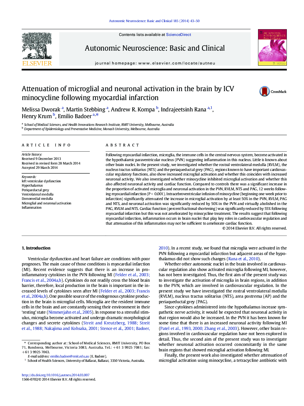 Attenuation of microglial and neuronal activation in the brain by ICV minocycline following myocardial infarction