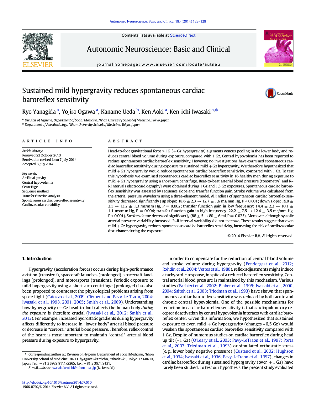 Sustained mild hypergravity reduces spontaneous cardiac baroreflex sensitivity