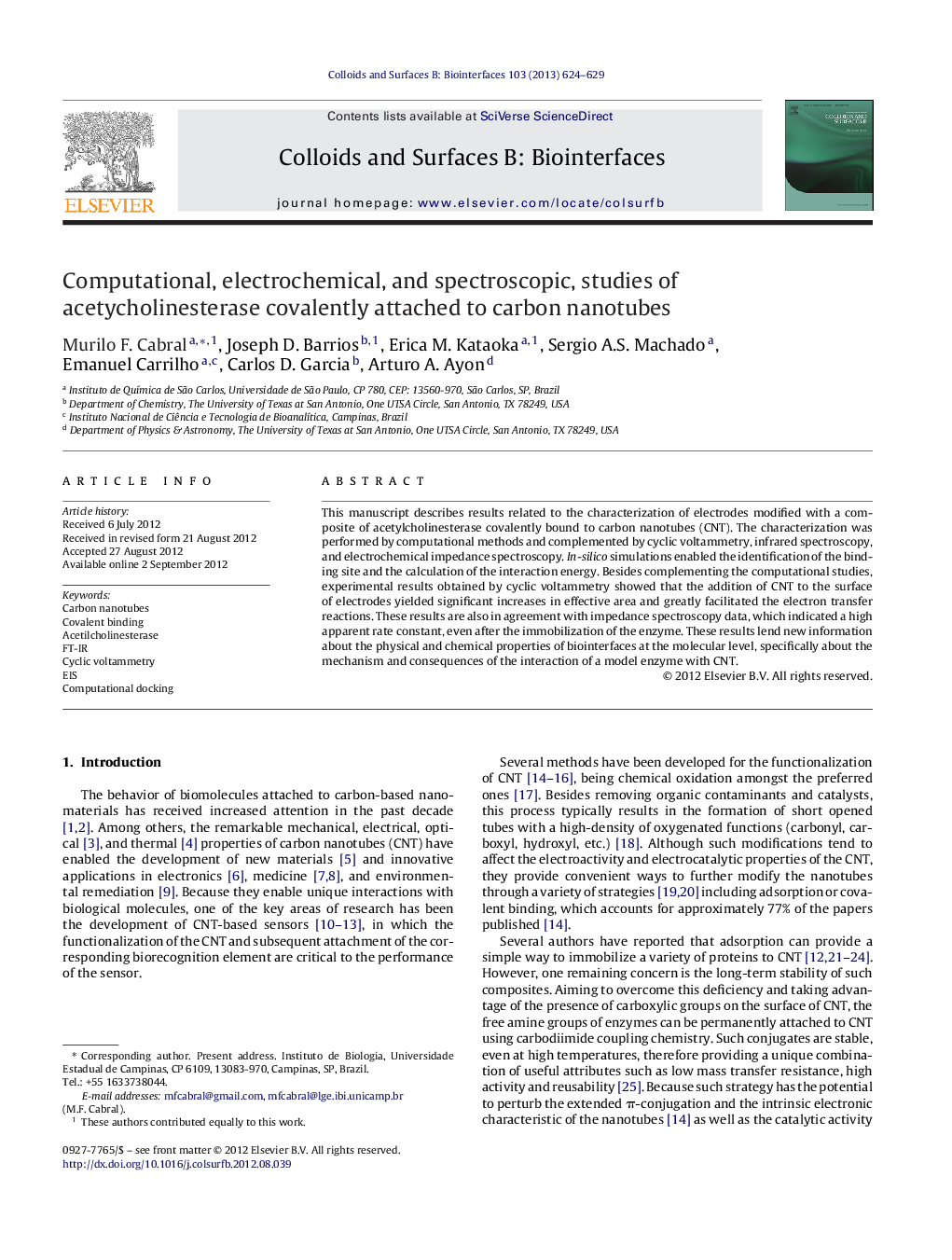 Computational, electrochemical, and spectroscopic, studies of acetycholinesterase covalently attached to carbon nanotubes