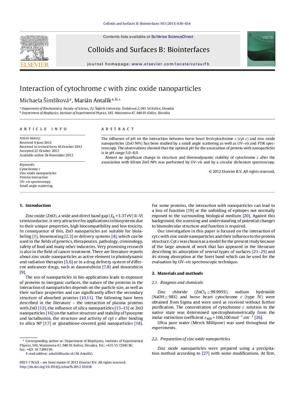 Interaction of cytochrome c with zinc oxide nanoparticles