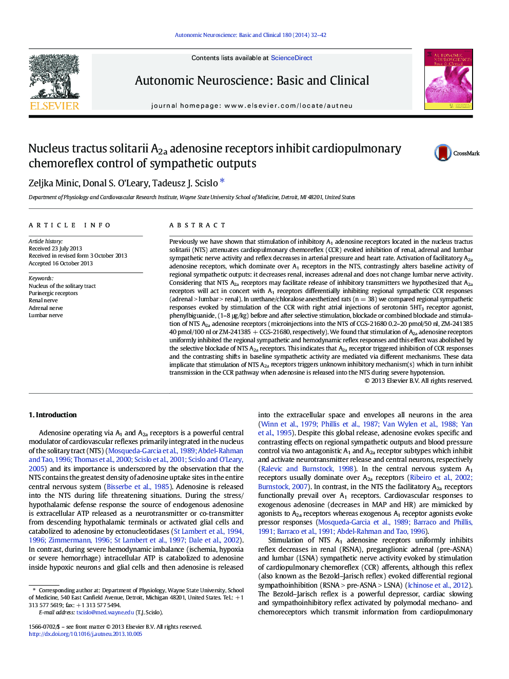 Nucleus tractus solitarii A2a adenosine receptors inhibit cardiopulmonary chemoreflex control of sympathetic outputs