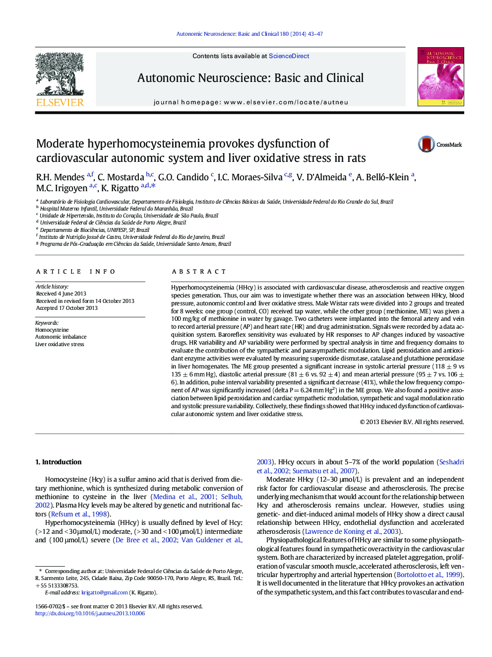 Moderate hyperhomocysteinemia provokes dysfunction of cardiovascular autonomic system and liver oxidative stress in rats