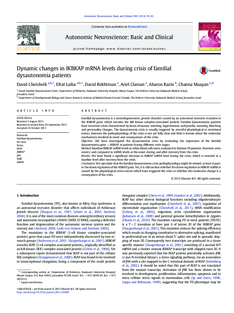 Dynamic changes in IKBKAP mRNA levels during crisis of familial dysautonomia patients