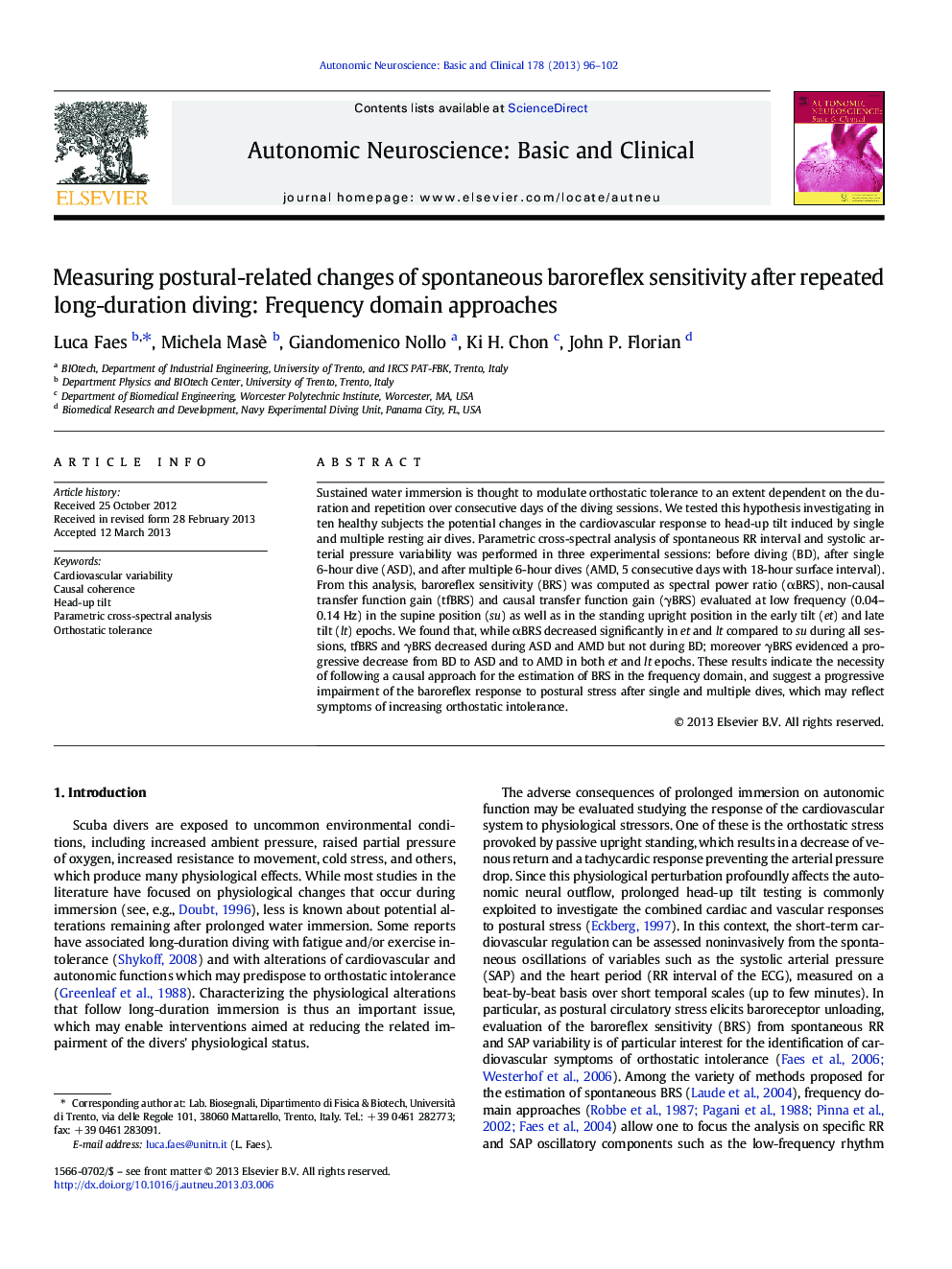 Measuring postural-related changes of spontaneous baroreflex sensitivity after repeated long-duration diving: Frequency domain approaches