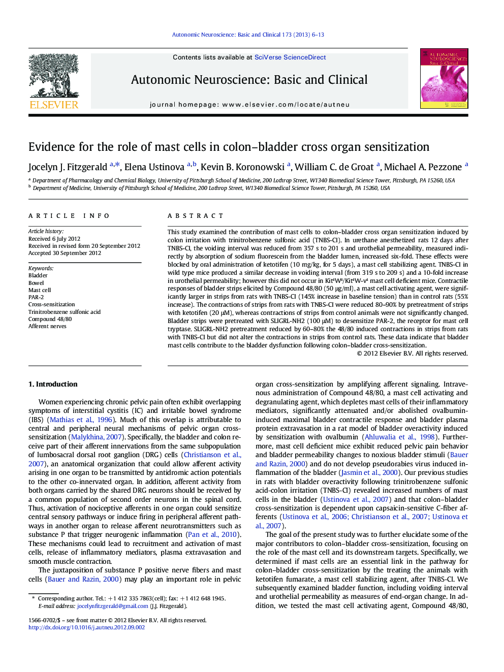 Evidence for the role of mast cells in colon-bladder cross organ sensitization