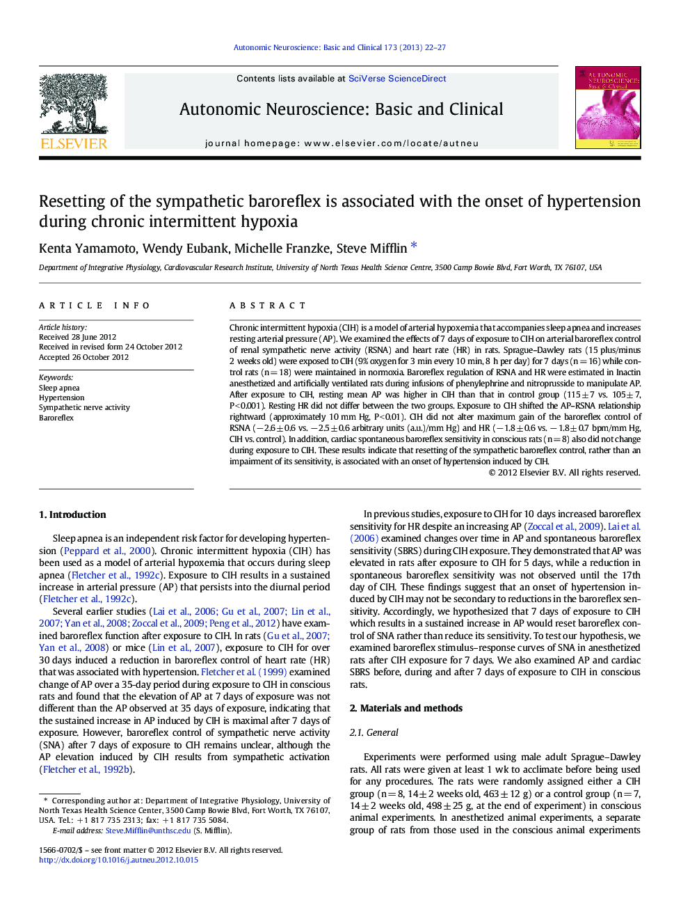 Resetting of the sympathetic baroreflex is associated with the onset of hypertension during chronic intermittent hypoxia