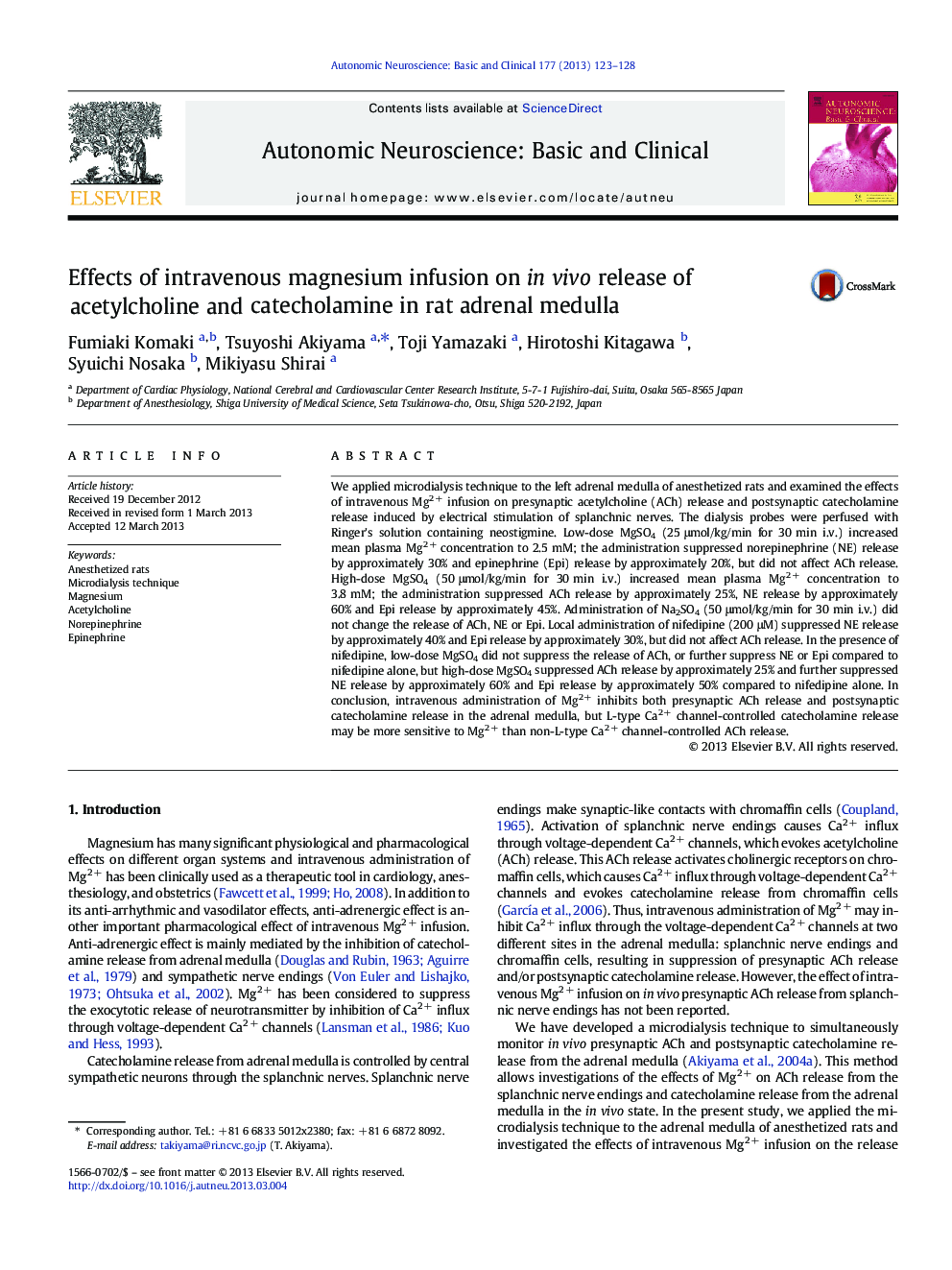 Effects of intravenous magnesium infusion on in vivo release of acetylcholine and catecholamine in rat adrenal medulla