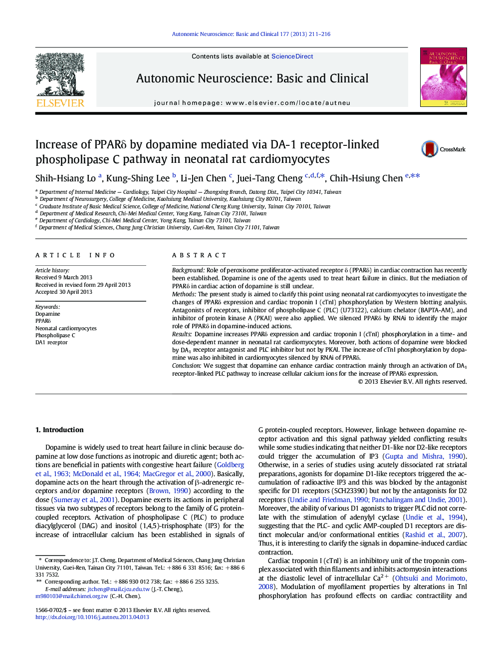 Increase of PPARÎ´ by dopamine mediated via DA-1 receptor-linked phospholipase C pathway in neonatal rat cardiomyocytes