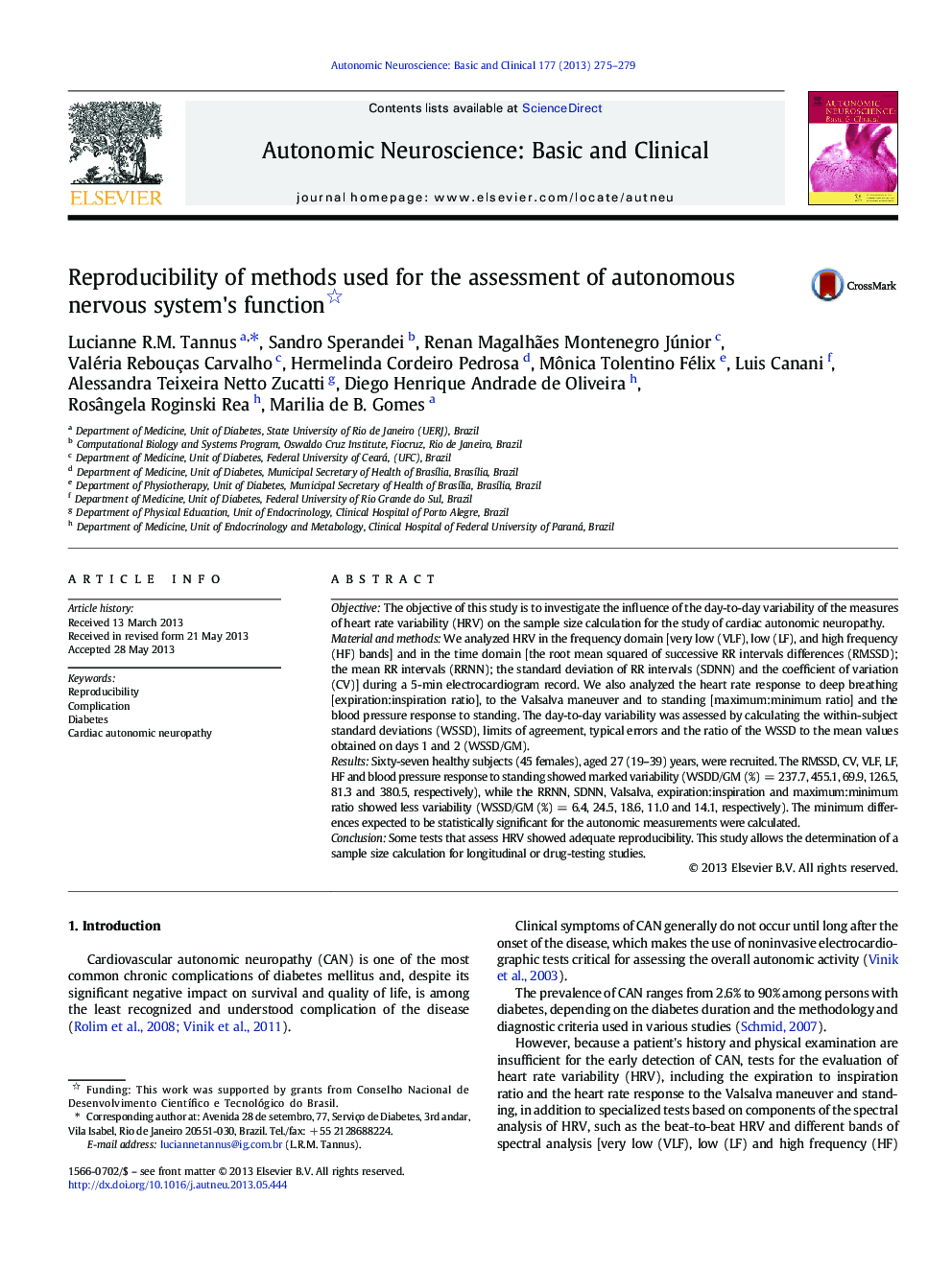 Reproducibility of methods used for the assessment of autonomous nervous system's function