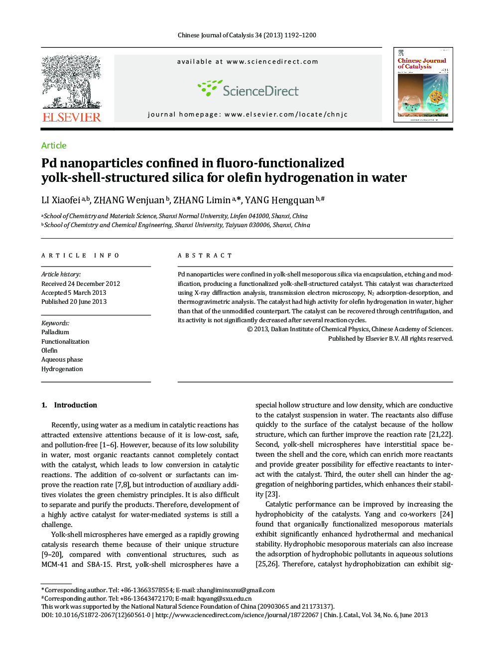 Pd nanoparticles confined in fluoro-functionalized yolk-shell-structured silica for olefin hydrogenation in water 