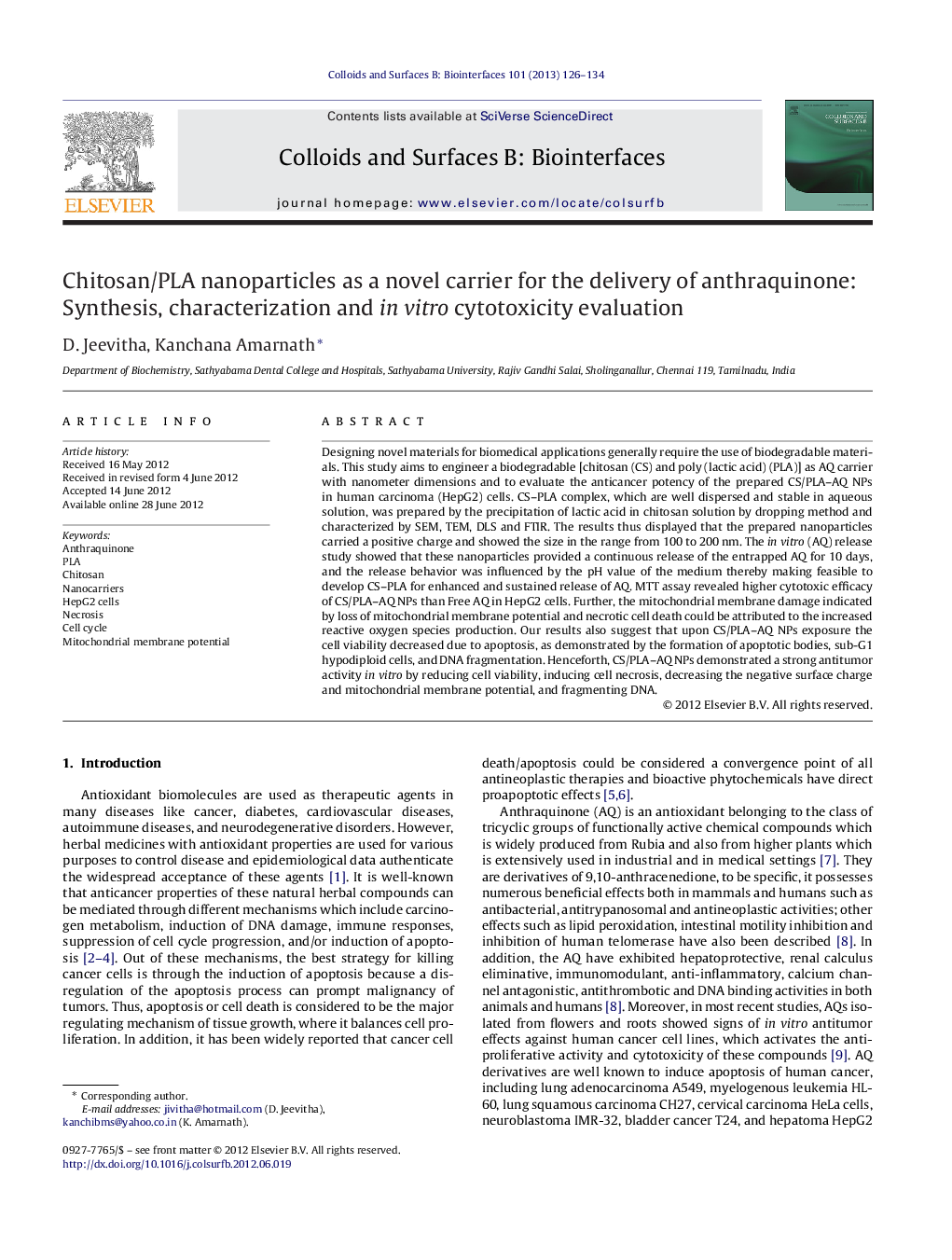 Chitosan/PLA nanoparticles as a novel carrier for the delivery of anthraquinone: Synthesis, characterization and in vitro cytotoxicity evaluation