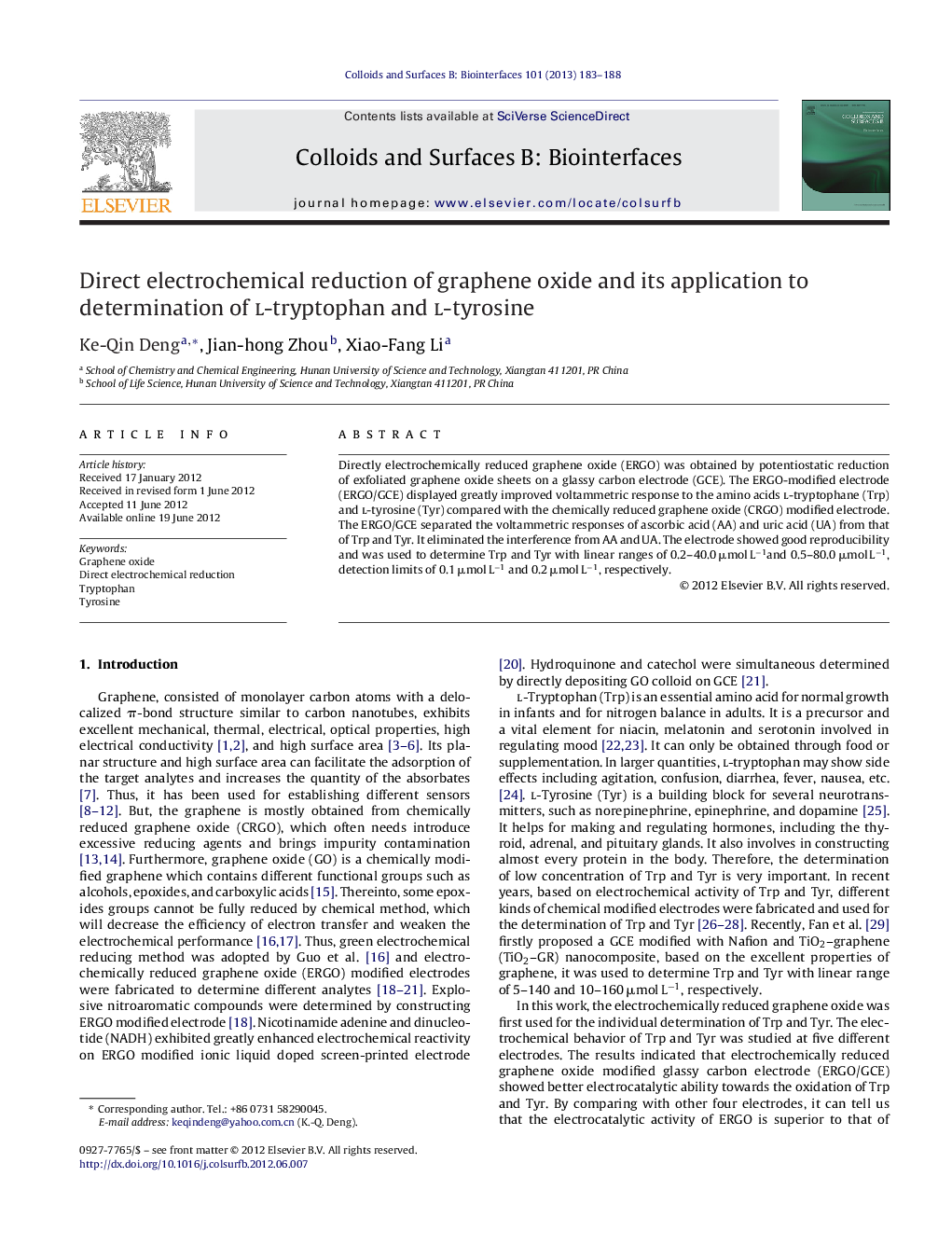 Direct electrochemical reduction of graphene oxide and its application to determination of l-tryptophan and l-tyrosine