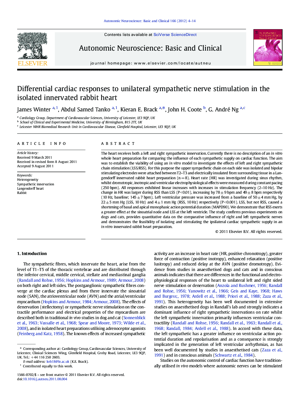 Differential cardiac responses to unilateral sympathetic nerve stimulation in the isolated innervated rabbit heart