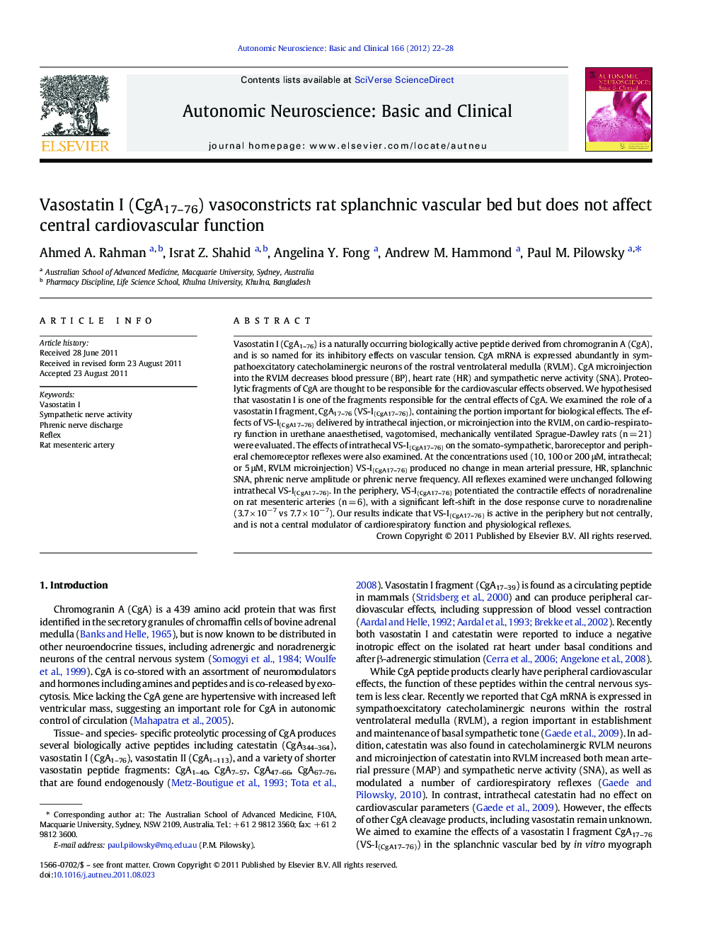 Vasostatin I (CgA17-76) vasoconstricts rat splanchnic vascular bed but does not affect central cardiovascular function