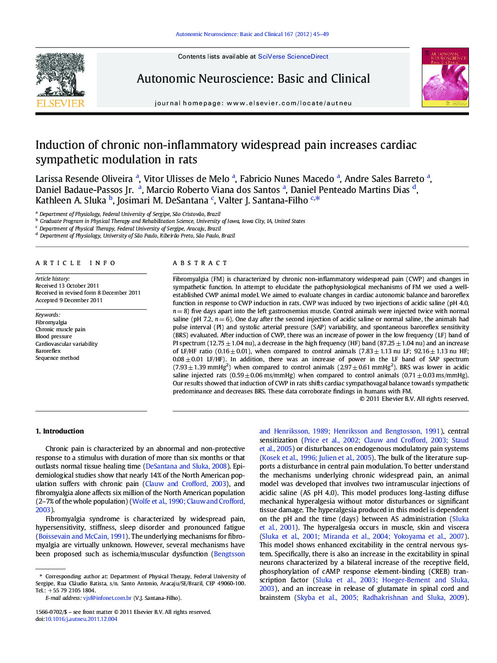 Induction of chronic non-inflammatory widespread pain increases cardiac sympathetic modulation in rats