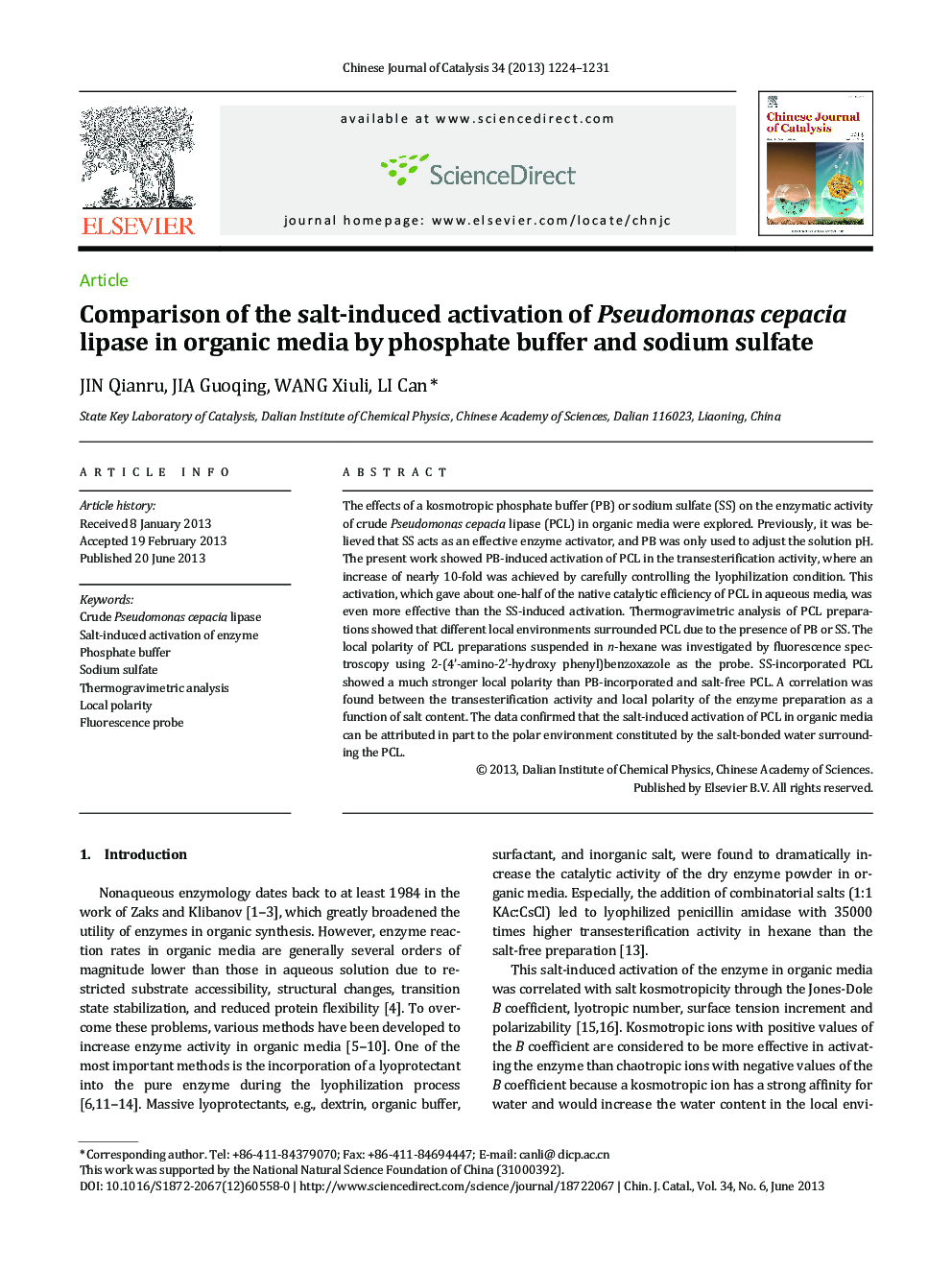 Comparison of the salt-induced activation of Pseudomonas cepacia lipase in organic media by phosphate buffer and sodium sulfate 