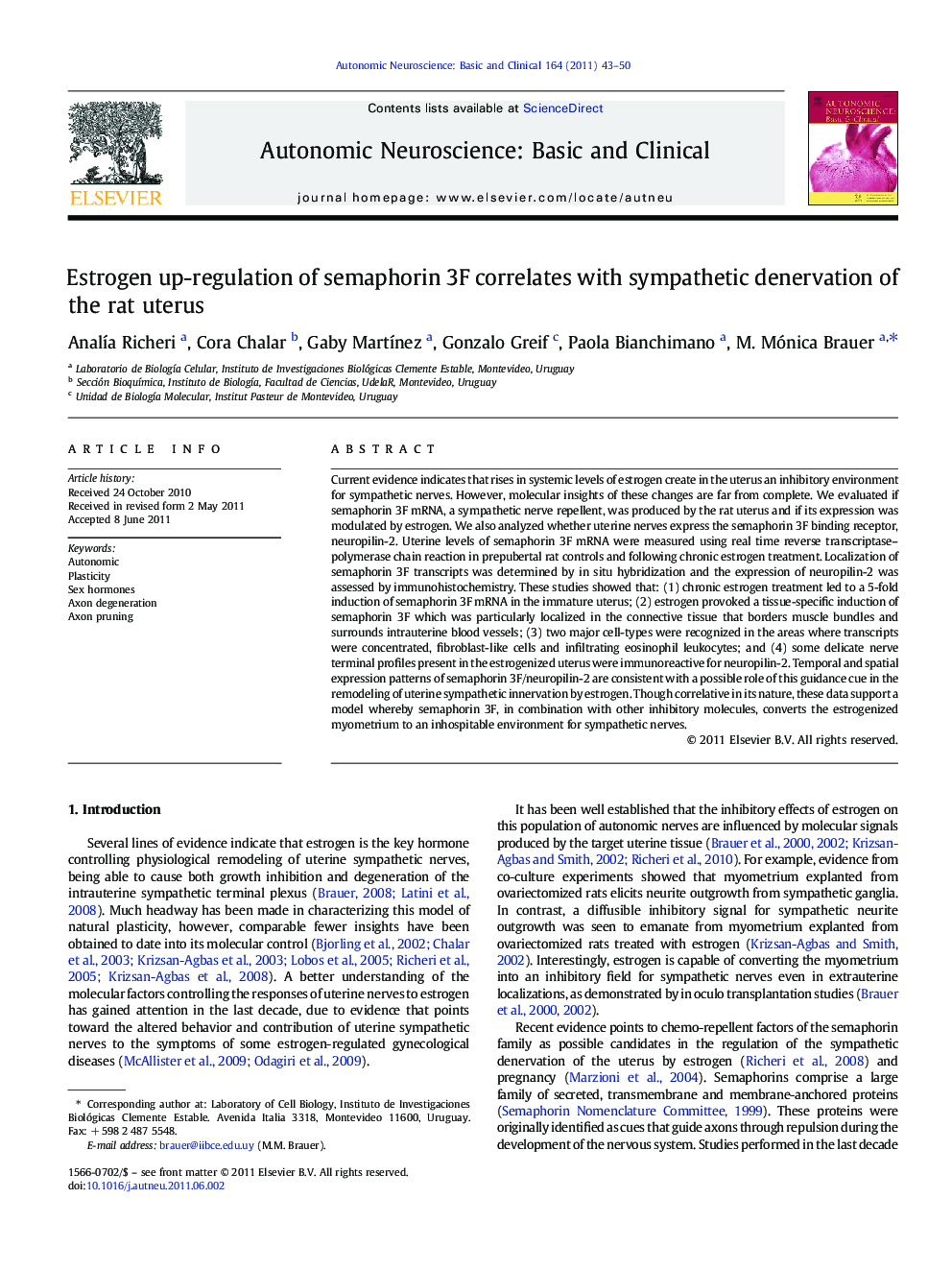 Estrogen up-regulation of semaphorin 3F correlates with sympathetic denervation of the rat uterus