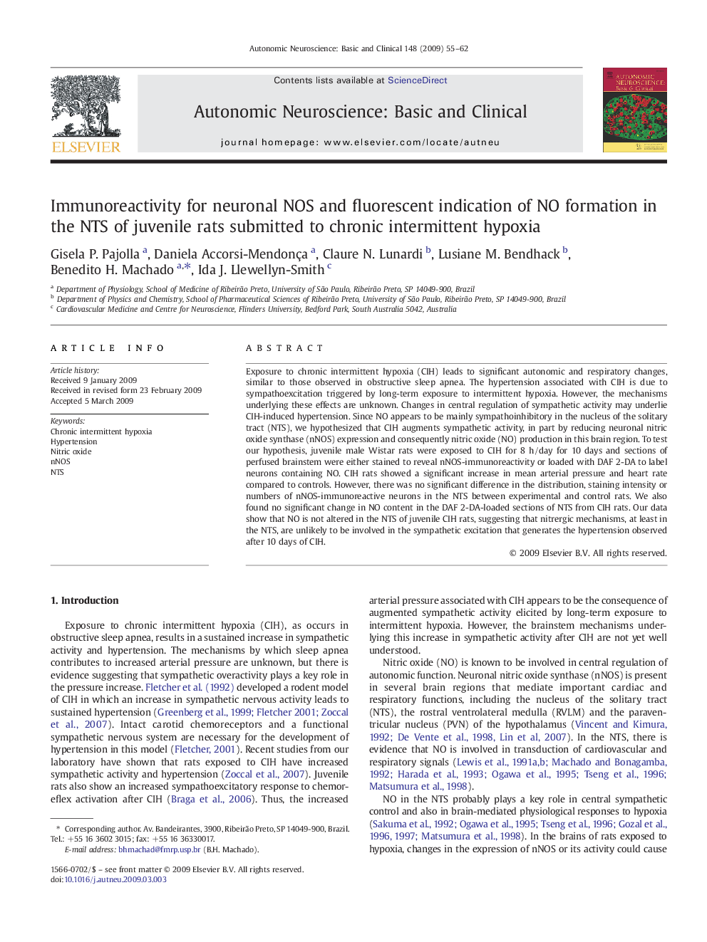 Immunoreactivity for neuronal NOS and fluorescent indication of NO formation in the NTS of juvenile rats submitted to chronic intermittent hypoxia