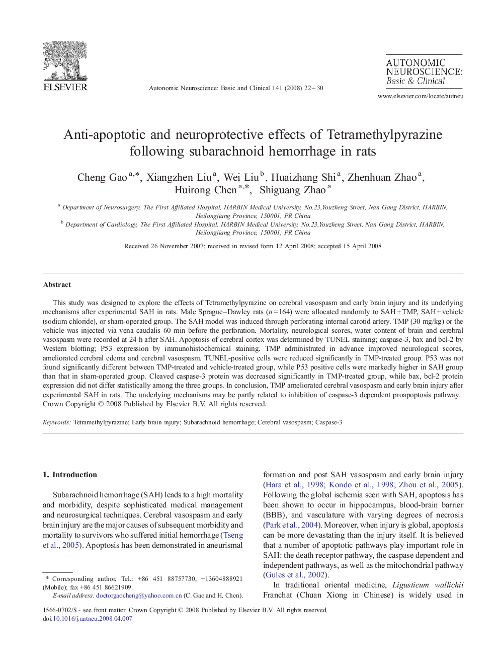 Anti-apoptotic and neuroprotective effects of Tetramethylpyrazine following subarachnoid hemorrhage in rats