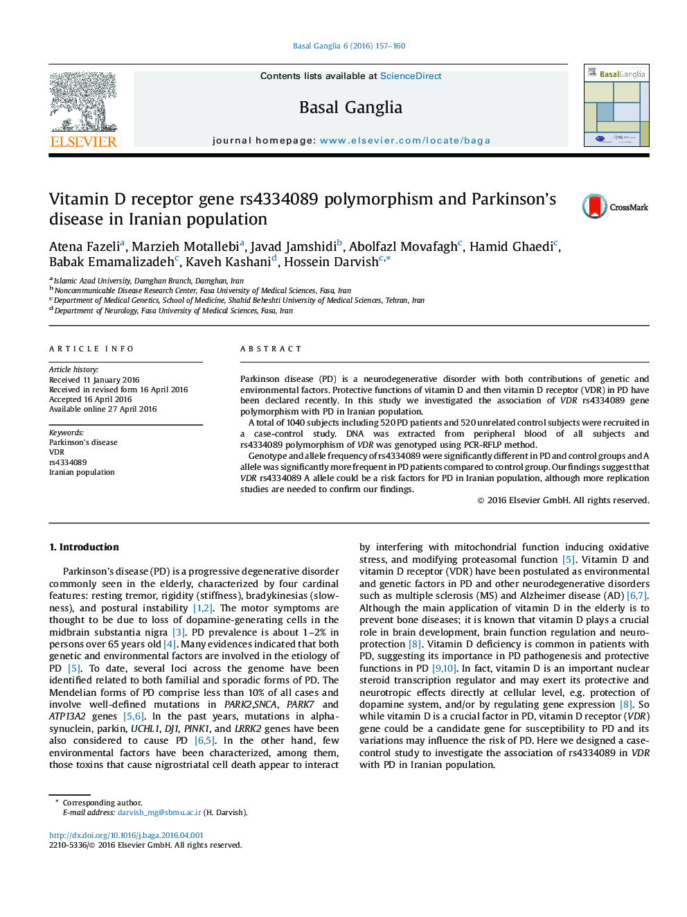 Vitamin D receptor gene rs4334089 polymorphism and Parkinson's disease in Iranian population