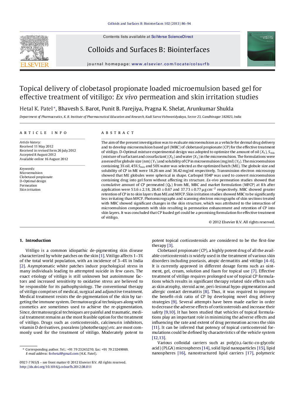 Topical delivery of clobetasol propionate loaded microemulsion based gel for effective treatment of vitiligo: Ex vivo permeation and skin irritation studies