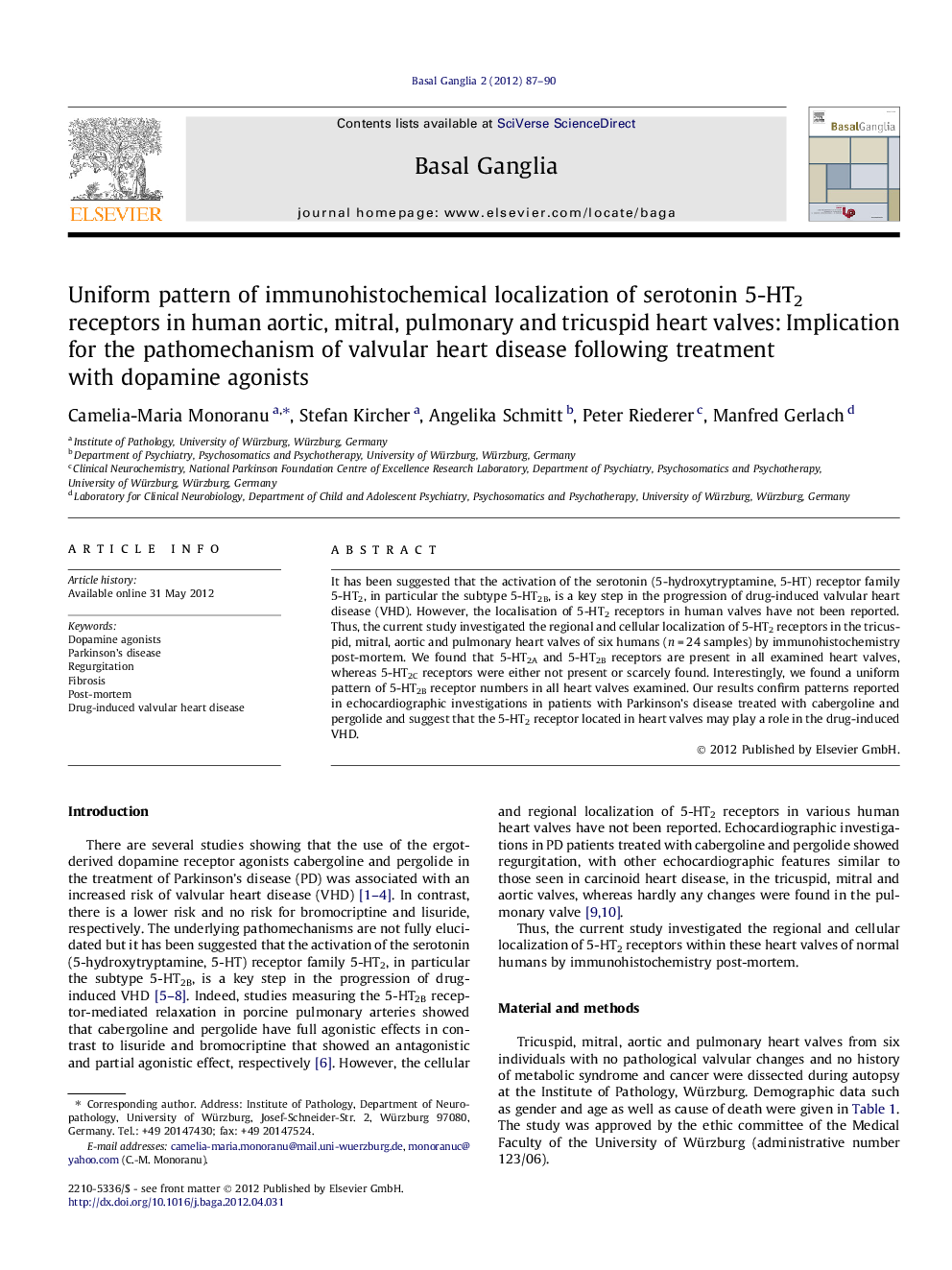 Uniform pattern of immunohistochemical localization of serotonin 5-HT2 receptors in human aortic, mitral, pulmonary and tricuspid heart valves: Implication for the pathomechanism of valvular heart disease following treatment with dopamine agonists