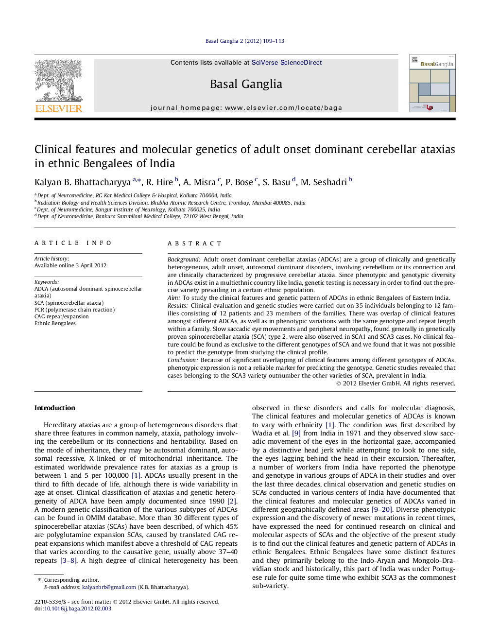 عکس صفحه اول مقاله: Clinical features and molecular genetics of adult onset dominant cerebellar ataxias in ethnic Bengalees of India Clinical features and molecular genetics of adult onset dominant cerebellar ataxias in ethnic Bengalees of India