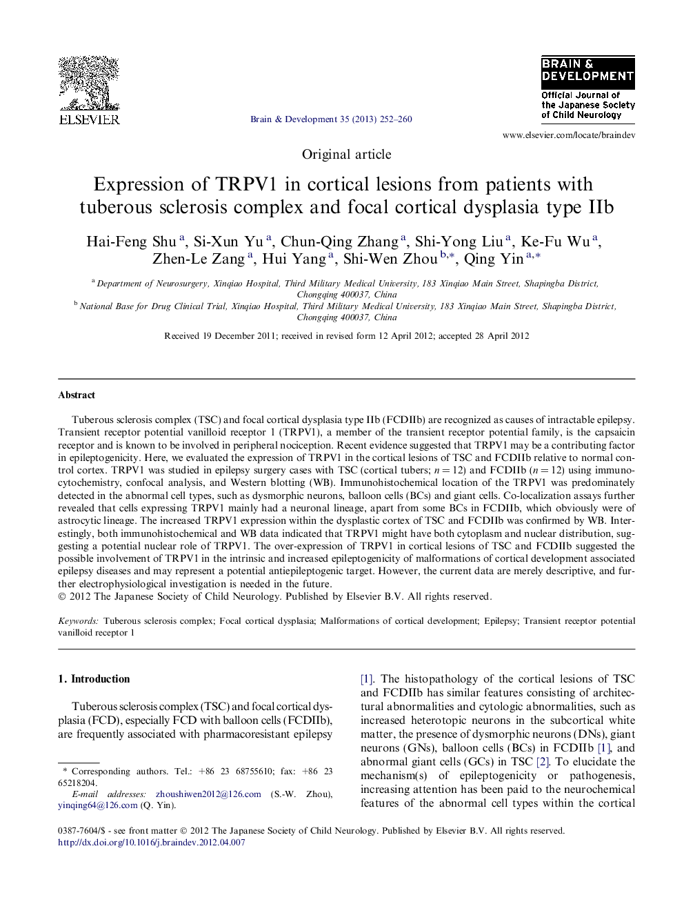 Original articleExpression of TRPV1 in cortical lesions from patients with tuberous sclerosis complex and focal cortical dysplasia type IIb