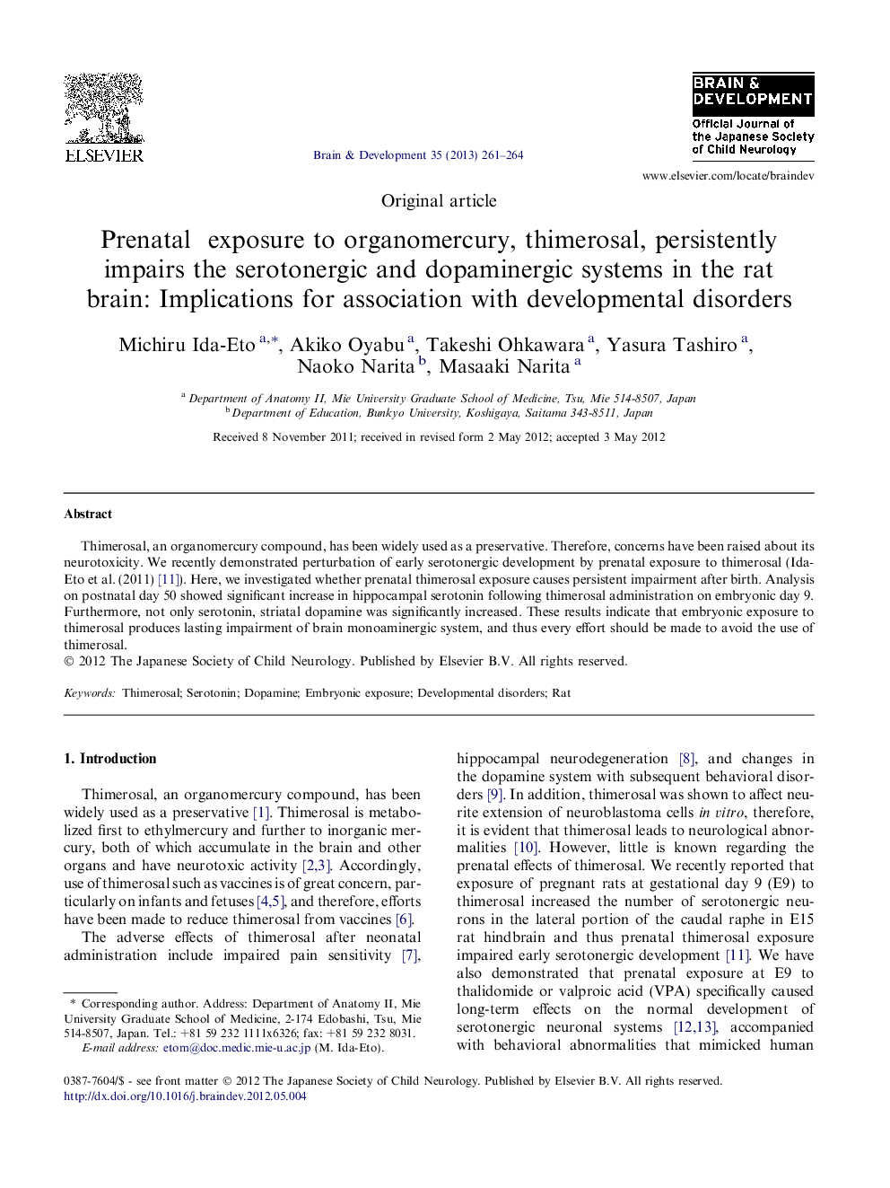 Prenatal exposure to organomercury, thimerosal, persistently impairs the serotonergic and dopaminergic systems in the rat brain: Implications for association with developmental disorders