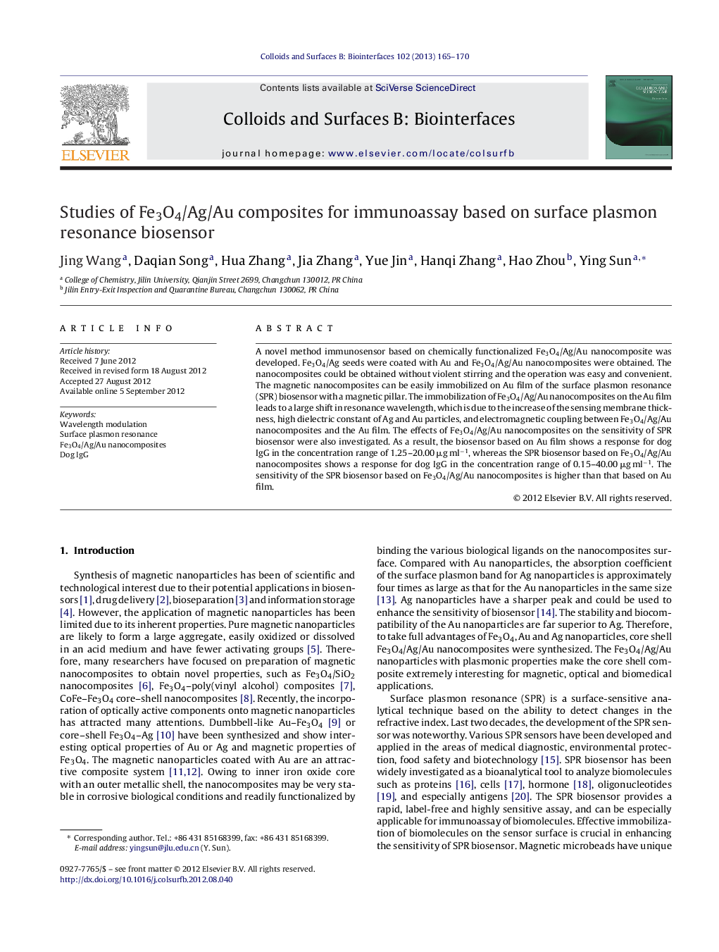 Studies of Fe3O4/Ag/Au composites for immunoassay based on surface plasmon resonance biosensor