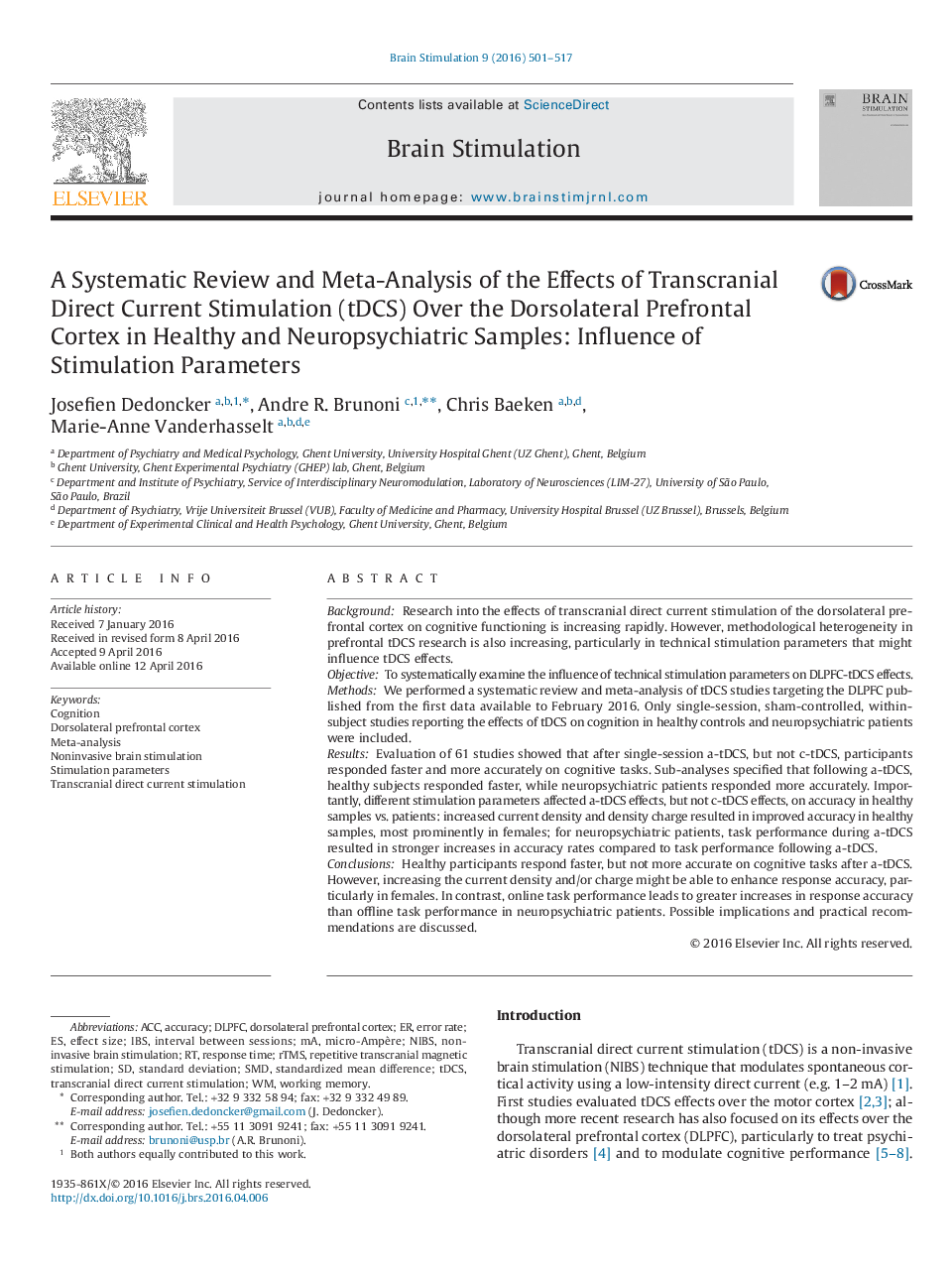 A Systematic Review and Meta-Analysis of the Effects of Transcranial Direct Current Stimulation (tDCS) Over the Dorsolateral Prefrontal Cortex in Healthy and Neuropsychiatric Samples: Influence of Stimulation Parameters