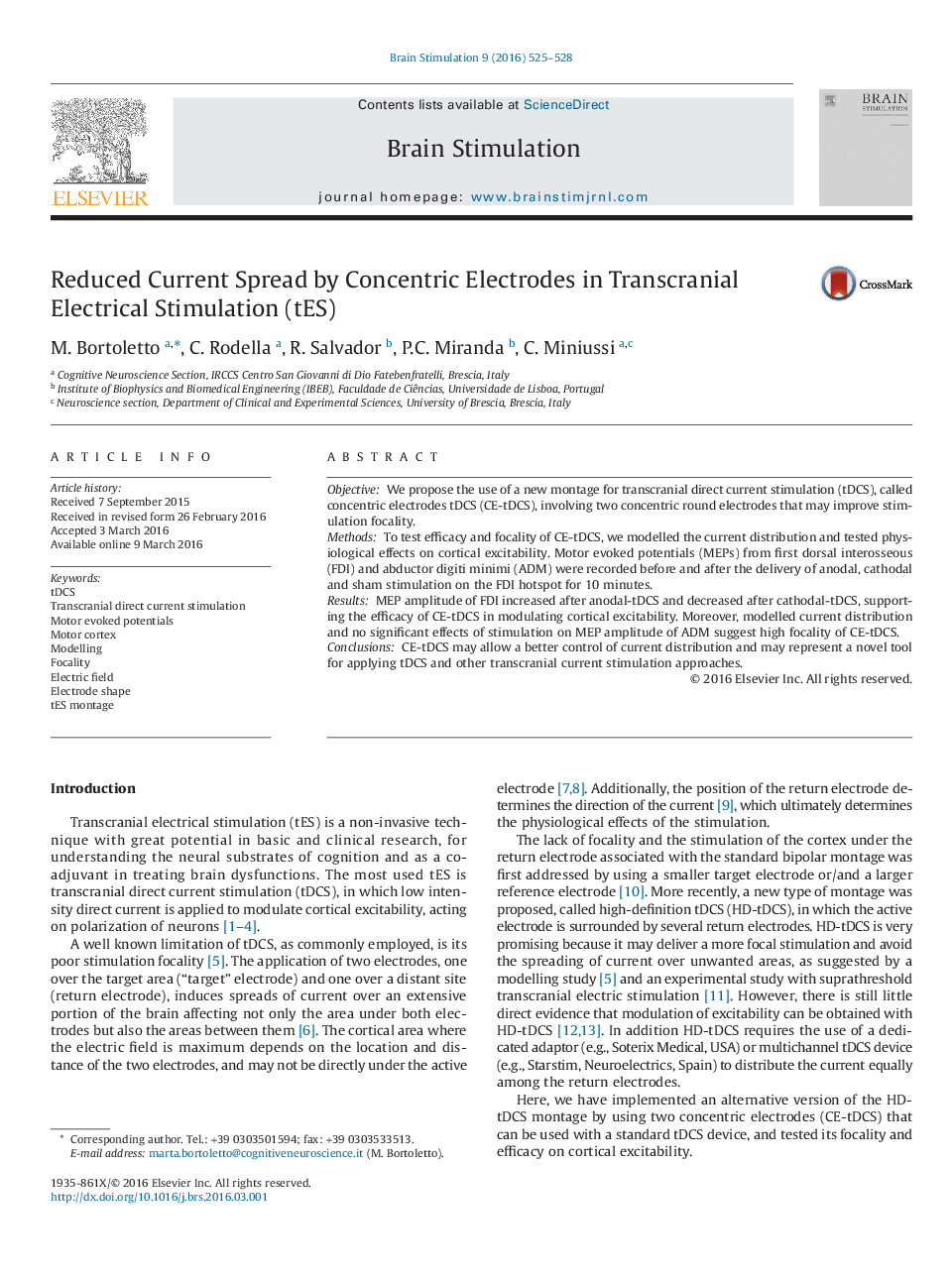 Reduced Current Spread by Concentric Electrodes in Transcranial Electrical Stimulation (tES)