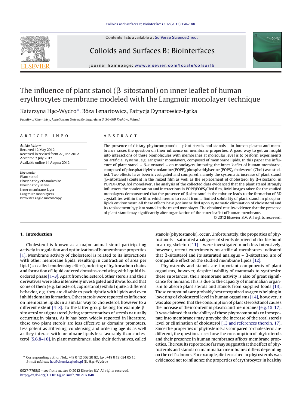 The influence of plant stanol (Î²-sitostanol) on inner leaflet of human erythrocytes membrane modeled with the Langmuir monolayer technique